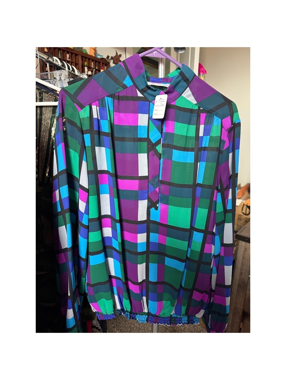 014 Teddi of California Vintage 80s Geometric Mock Neck Blouse Multicolor